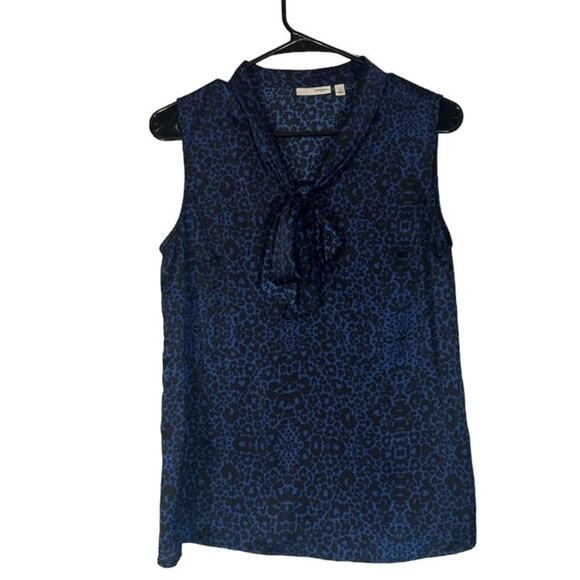 Halogen Blue & Black Leopard Animal Print Sleeveless Bow Neck Blouse Women Sz S - Picture 1 of 7
